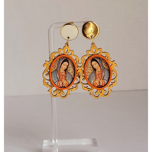 Lady Of Guadalupe Laser Cut Wood Drop Statement Earrings Virgin - Picture 1 of 4